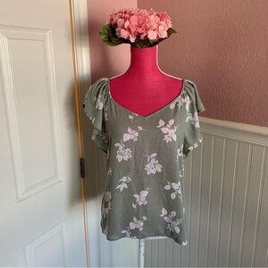 Sage Floral Short Sleeved Pin Tuck Blouse Ann Taylor Factory size Small
